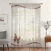 economico Tende trasparenti-Tenda trasparente per finestre, adatta a tutte le stagioni, per camera da letto e soggiorno, con asta, motivo floreale dipinto a inchiostro, effetto morbido e nebbioso, elegante e leggera.