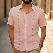 voordelige Etnisch patroon-Voor heren Geometrisch Etnisch Bloemen Overhemd Guayabera-shirt Overhemd met knopen Korte mouw Vintage Retro Dagelijks Buiten Vakantie Zomer Lente Strijkijzer 3D-afdrukken Linnenachtig shirt blauw