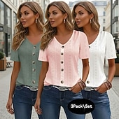 abordables Hauts en dentelle-Paquets multiples 3 pièces Femmes Col en V Manche Courte noir + blanc + vert Boutons Occasionnel Quotidien Polyester Été