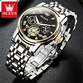 abordables Relojes de Cuarzo-Reloj automático de lujo para hombre Olevs, reloj mecánico esqueletizado con fase lunar, resistente al agua, luminoso, de acero inoxidable bicolor, relojes de vestir elegantes para negocios.