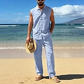 cheap Cotton Linen Shirt-Male Linen Shirt 2 Piece Shirt Set And Linen Pants Trousers Casual Pants Set Plain Daily Outdoor Vacation Turndown Sleeveless Summer Fashion Casual Comfortable Clothing Apparel