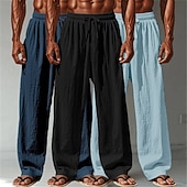 billige Klassisk-Herre Linbukser Bukser Sommerbukser Posete bukser Strandbukser Snorer Elastisk midje Rett ben عادي Komfort Pustende Full lengde Avslappet Daglig utendørs Ferie Mote Hvit + Svart + Grå Svart+blå+grønn