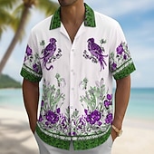 billiga Aves &amp; Animales-Men's Bird Floral Print Tropical Flowers Shirt Cuban Collar Shirt Summer Hawaiian Shirt Short Sleeve Hawaiian Vacation Holiday Beach Wear Summer Spring Camp Collar Shirt 3D Print Blue Green
