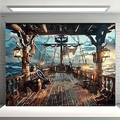 billiga Gobelänger-piratskepp nautiskt äventyr träskeppsdäck havsvågor havsutsikt lyktor solnedgång väggbonad väggdekoration bakgrund för vardagsrum sovrum man cave tema fest heminredning väggkonst