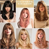 baratos Perucas Sintéticas sem Touca-Peruca longa, lisa e em camadas, rosa, com franja, 40 cm (16 polegadas), com raízes escuras, aparência natural, cabelo sintético macio e resistente ao calor, comprimento médio, ideal para uso diário e