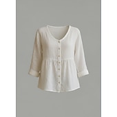 abordables Camisas-Blusa de Algodón y Lino para Mujeres Botones Color Sólido Elegante Casual Manga Larga Cuello en V Tops Regulares Diario Blanco Amarillo Rosa Verde Verano Primavera Otoño