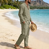abordables Chemises lin et coton-Homme Chemise en lin Deux pièces Ensemble Chemise Et Pantalons en Lin Pantalons Pantalon décontracté Set Uni Quotidien Extérieur Plage Col Rabattu manche longue Été Printemps Mode Occasionnel
