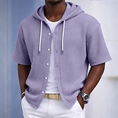 preiswerte Smart Casual Hemden für Herren-Herren Hemd Waffelhemd Freizeithemd Knopfhemd Schwarz Weiß Hellgrün Marineblau Purpur Kurzarm Einfarbig Einfach Mit Kapuze Lässig Täglich Fronttasche Bekleidung Elegant Mode Lässig