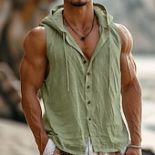 رخيصةأون أجازة-رجالي قميص قميص كتان قميص صيفي ملابس الشاطئ زر حتى القميص قميص مقنع لون الصلبة عطلة شارع أزرق أسود أبيض أخضر بدون كم مع قبعة الصيف الربيع ملابس