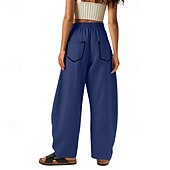 abordables Fondos-Mujer Pantalones de lino y algodón Pantalones Pantalones casuales Pantalones de verano Vacaciones Moda Ropa de calle Longitud total Alta cintura Retazos Bolsillo Cintura elástica Comodidad Cómodo