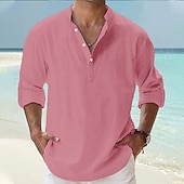 economico Vacanza-Per uomo Camicia di lino Camicia popover Camicia casual Camicia da Spiaggia Camicia con colletto alla coreana Semplice Spiaggia Vacanza Blu Nero Bianco Rosa Manica Lunga Henley Primavera &amp; Estate