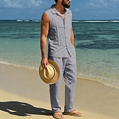 cheap Cotton Linen Shirt-Male Linen Shirt 2 Piece Shirt Set And Linen Pants Trousers Casual Pants Set Plain Daily Outdoor Vacation Turndown Sleeveless Summer Fashion Casual Comfortable Clothing Apparel