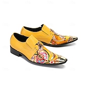 abordables Mocassins en cuir de qualité supérieure-Chaussures habillées pour homme, à boucle, à bout pointu et embout métallique, ornées d'un imprimé floral jaune. Idéales pour les mariages, les banquets, les fêtes, les bals de fin d'année, les événements de mode et les soirées élégantes.