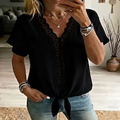 billiga Enkla blusar-Women's Shirt Blouse Patchwork Lace Trim Fashion Casual Beach Sleeveless V Neck Regular Tops Casual White Pink Sky Blue Dark Blue Summer