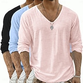 economico T-shirt in Cotone e Lino-Per uomo Maglietta Maglietta in lino Manica Lunga Scollo a V Primavera &amp; Estate Estate Primavera Tinta unica Semplice Quotidiano Casual Stile da Strada 3 pezzi Puro Confezione multipla Casuale