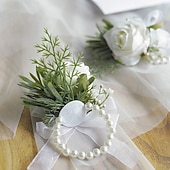 levne Umělé květiny-Slonovinová růžová korsáž na zápěstí, náramek a pánská sada boutonniér pro bílé svatební květinové doplňky, dekorace na ples