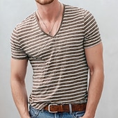 abordables Camisetas 3D de hombre-Camiseta de hombre azul y blanca con rayas horizontales, textura slub, estilo vintage retro náutico, cuello en V, estampado integral, corte ajustado, ideal para verano, playa, uso diario, ropa de