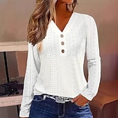 cheap Plain tee-Women's T Shirt Eyelet top Tee Top Buttons Plain Fashion Classic Casual Long Sleeve V Neck Regular Tops Daily Going out Weekend White Yellow Pink Sky Blue Summer Spring