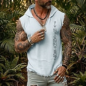 preiswerte Camisetas tropicales de vacaciones-Herren-Weste mit Wikinger-Runen, nordischen Futhark-Mustern, heidnischem Krieger-Boho-Tribal-Stil, ärmellos, Kapuze, Grafik, ausgefranstem Saum, lockerer Passform, Sommer, Strand, Festival,
