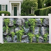 preiswerte Wandteppiche-Rustikale Steinmauer, grüner Efeu, Kletterblätter, natürliche graue Felsen, realistische Textur, Garagentor-Banner, Außenkulisse, Wandteppich für Garten, Hof, Terrasse, Zaun, Heimdekoration