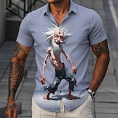 billige Vintage Shirt-Men's Funny Cartoon Character Old Man Shirt Summer Shirt Button Up Shirt Short Sleeve Vintage Retro Daily Outdoor Vacation Summer Spring Turndown 3D Print Collared Shirts Blue Black Khaki