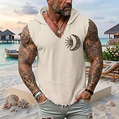 economico Tropische Urlaub-T-Shirts-Gilet con cappuccio senza maniche da uomo con stampa "sole luna e eclissi celeste" stile boho mistico vintage costiero, orlo sfrangiato, vestibilità ampia, ideale per l'estate, la spiaggia e le