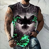  Maglietta senza maniche da uomo nera con stampa integrale di corvo e corvo dalle ali spiegate, fuoco, fiamme, fumo, stile gotico, fantasy, rock, vestibilità aderente, casual, palestra, abbigliamento