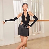 cheap Competition Dress-Junior Latin Dance Costume - Black Fringe Dress with Halter Neck, 3D Flowers &amp; Mesh Sleeves for Performance