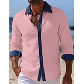 billiga Semester-Men's Shirt Linen Shirt Summer Shirt Beach Wear Beach Shirt Button Up Shirt Color Block Vacation Holiday Blue Black White Pink Long Sleeve Turndown Summer Spring Clothing Apparel Patchwork