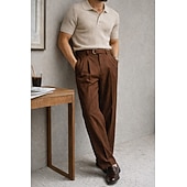  Leinenanzughose für Herren, plissiert, lockere Passform – leichte Sommerhose, lässige Freizeithose mit weitem, geradem Bein, erhältlich in Braun, Marineblau und Beige