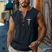 billige Vintage og retro-herre singlet med kryss ermeløs t-skjorte andre trykk dyp v-hals skjorte ferie daglig hawaii strandferie lyseblå svart hvit vår &amp;sommerklær