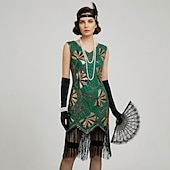 voordelige Outfits-Roaring jaren '20 Jaren 1920 Retro vintage Tot de knie Flapper jurk Handschoenen Ketting Mouwloos The Great Gatsby Charleston Pailletten V-hals Kostuum Dames Halloween Carnaval Feesten &amp; Uitgaan