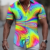baratos Estampa Geométrica-Homens Colorido 3D impressão Tonto Camisa Social camisa de botão Manga Curta Moda Casual Streetwear Férias Verão Primavera Aberto para a Lateral Impressão 3D camisas de colarinho Azul Rosa Verde