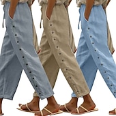 preiswerte Luxusunterteile-3er-Pack Damenhosen, Sommerhosen, Freizeithosen, Urlaubshosen, Basic-Hosen, knöchellang, natürliches, schlichtes Design, Seitentaschen, seitliche Knöpfe, bequem, atmungsaktiv, nicht elastisch, ideal für Wochenendausflüge