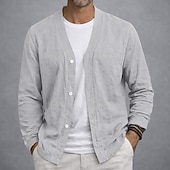 preiswerte Klassiker-Herren Leinenhemd Sommerhemd Strandbekleidung Knopfhemd Strickjacke Einfach Lässig Urlaub Blau Schwarz Weiß Khaki Langarm V Ausschnitt Sommer Frühling Bekleidung