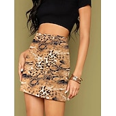 abordables Graphic Skirts-Women's Faux Suede Skirt Fashion Casual Mini High Waist Skirts Leopard Print Split Ends Stretchy Daily Street Leopard Black Yellow Light Brown Spring