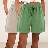 ieftine Pantalonii-pachete multiple 2 buc pantaloni scurți de damă din bumbac și in, pantaloni scurți de vară, pantaloni scurți de plajă, vacanță, pantaloni scurți simpli, talie înaltă, simplu, cu buzunar, talie elastică, confortabili, moi, confortabili, neelastici, zilnic,