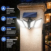 abordables Aplique de pared para exterior-Aplique de pared solar exterior IP65 resistente al agua, con sensor de movimiento inteligente de 4 cabezales, 222 LED, ajustable y giratorio, 3 modos de iluminación: jardín decorativo, patio, pared,