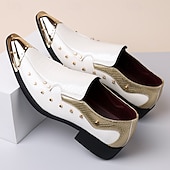 billige Loafers-Herresko i hvitt og gullfarget i kunstskinn med spisse pensko med metalltåhette og sidespennedetaljer. Luksuriøst, formelt fottøy for stilige menn, perfekt for bryllup og banketter.