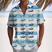  Derby del Kentucky Per uomo A righe Corsa di cavalli Camicia Camicia Estiva Camicia con Bottoni Manica Corta Vintage Retrò Ferie Estate Primavera Collo ripiegato Stampa 3D camicie con colletto Blu