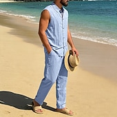 cheap Cotton Linen Shirt-Male Linen Shirt 2 Piece Shirt Set And Linen Pants Trousers Casual Pants Set Plain Daily Outdoor Vacation Turndown Sleeveless Summer Fashion Casual Comfortable Clothing Apparel
