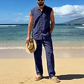cheap Cotton Linen Shirt-Male Linen Shirt 2 Piece Shirt Set And Linen Pants Trousers Casual Pants Set Plain Daily Outdoor Vacation Turndown Sleeveless Summer Fashion Casual Comfortable Clothing Apparel