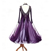 cheap Competition Wear-Ballroom Dance Dress Rhinestone Pleats Splicing Women's Party Training Performance Long Sleeve High Spandex Polyester