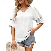 baratos Chiffon Tops-Mulheres Camisa Social Blusa Tops de chiffon Tecido à moda Básico Clássico Manga Curta Manga Princesa Decote V Tops regulares Casual Diário Feriado Azul Preto Branco Vinho Verde Escuro Verão Primavera