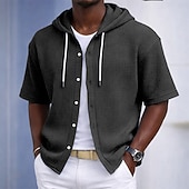 preiswerte Smart Casual Hemden für Herren-Herren Hemd Waffelhemd Freizeithemd Knopfhemd Schwarz Weiß Hellgrün Marineblau Purpur Kurzarm Einfarbig Einfach Mit Kapuze Lässig Täglich Fronttasche Bekleidung Elegant Mode Lässig