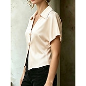 ieftine tricou simplu-Pentru femei Cămașă din satin Bluză Nasturi Culoare solidă Stilat Casual Manșon scurt Guler Cămașă Crop Tops Casual Zilnic În aer liber Albastru piscină Negru Alb Caisă Vară Primăvară