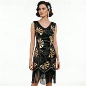 voordelige Outfits-Roaring jaren '20 Jaren 1920 Retro vintage Tot de knie Flapper jurk Handschoenen Ketting Mouwloos The Great Gatsby Charleston Pailletten V-hals Kostuum Dames Halloween Carnaval Feesten &amp; Uitgaan