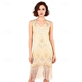 cheap Outfits-Vintage Roaring 20s 1920s Knee Length Dress Flapper Dress Gloves Sleeveless The Great Gatsby Charleston Sequins Tassel Fringe Fancy Dress Women's Halloween Carnival Cocktail Party Adults' 1 Fan Dress