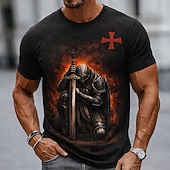  Ανδρικό γονατιστό ιππότη ναό σταυρό μεσαιωνικό πολεμιστή φωτιά σκοτεινή φαντασία γοτθικό streetwear μπλουζάκι με γραφικό στρογγυλό ντεκολτέ κοντομάνικο δώρο γενεθλίων για άνδρες λάτρεις της ιστορίας