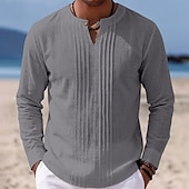 olcso Vakáció-Férfi Ing Vászon ing Nyári póló Stranding Tömör szín Hétköznapi Vakáció Medence Fekete Fehér Khakizöld Hosszú ujj Mandarin gallér Nyár Tavasz Ruházat Fodrozott